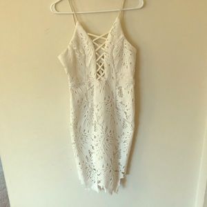 White Stretchy Deep V Dress